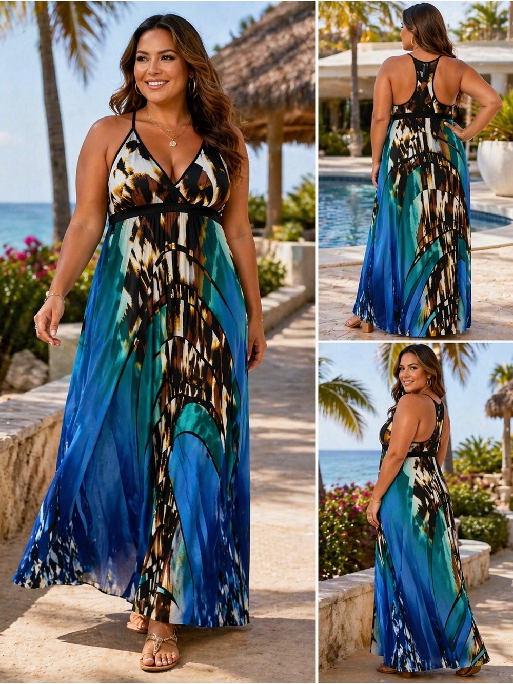 Bisou Bisou Maxi Dress 16 NWT Teal Blue Abstract Halter Empire Waist Stretch